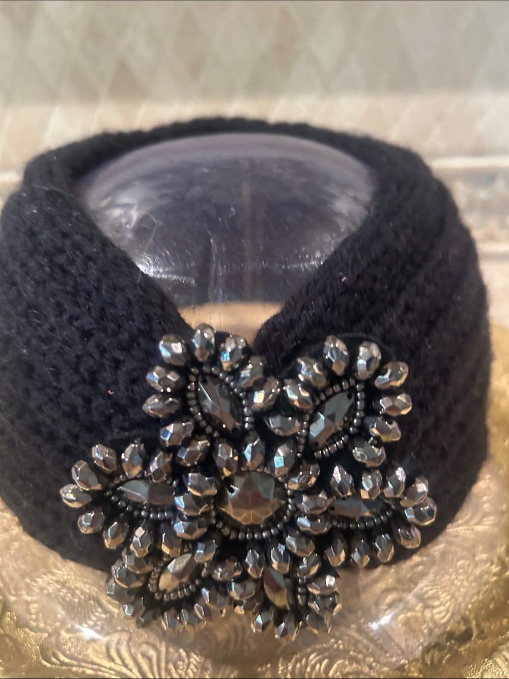 NWT Black Knit Headband with Gunmetal Crystal Brooch